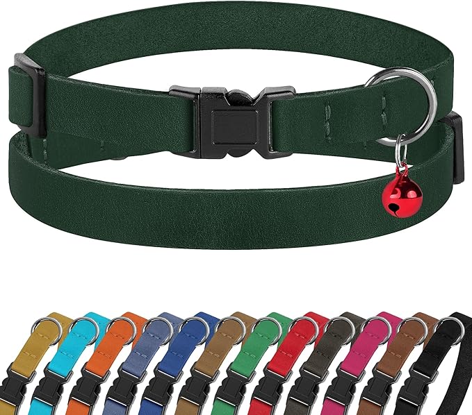 Breakaway Cat Collar Leather with Removable Bell - 13 Colors Available - Soft Adjustable Girl Boy Safety Lightweight Pet Kitten Collars Pink Brown Blue Green Red Orange Black (Emerald)-Mewly Pet