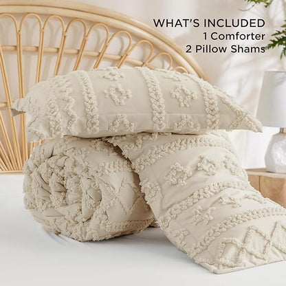 Bedsure Tufted Boho Comforter Set Oversized Queen - Beige Boho Bed Set, GentleSoft™ 3 Pieces Farmhouse Shabby Chic Embroidery Bedding, Gifts for Woman, Soft Jacquard Comforter for All Seasons