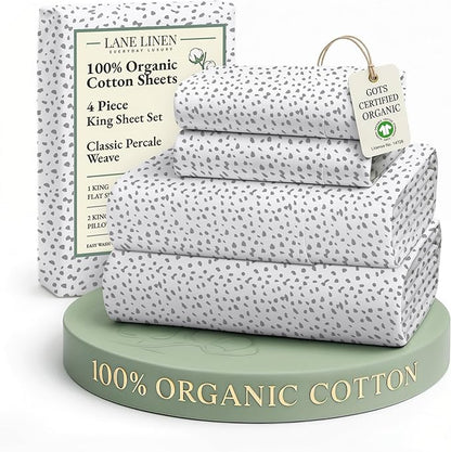 LANE LINEN 100% Organic Cotton Printed King Bed Set, All Season Crisp Percale Weave, Ultra Soft & Comfy Mercerized Cotton Bedding Sheets & Pillowcase Set King Size Printed Sheets - Haze Grey