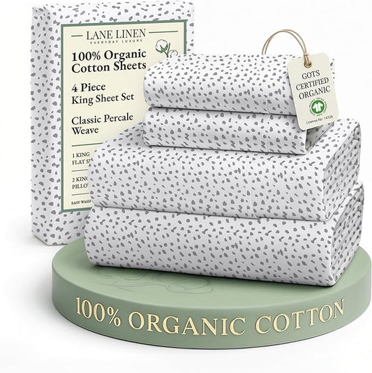 LANE LINEN 100% Organic Cotton Printed King Bed Set, All Season Crisp Percale Weave, Ultra Soft & Comfy Mercerized Cotton Bedding Sheets & Pillowcase Set King Size Printed Sheets - Haze Grey