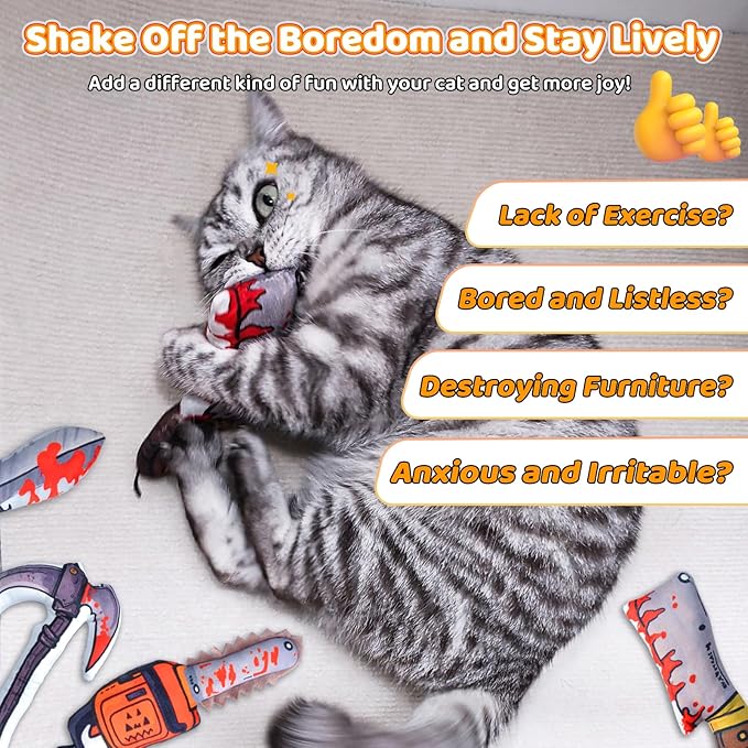 Cat Toys [8000mg Premium Catnip] Cartoon Colorful Style Horror Funny Knife Catnip Cat Toys Durable Rattle Sound Toy for All Cat Breeds Indoor Interactive Kitten Toys Get Bored Cats Active 4 PCS-Mewly Pet