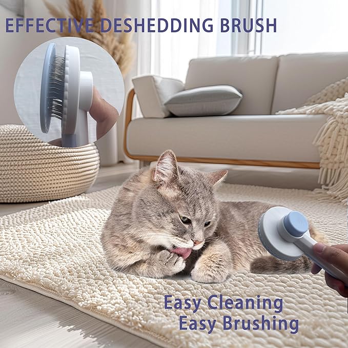 Cat Grooming Brush Kit 6 Tools - Deshedding & Dematting for Long/Short Hair, Self-Cleaning Slicker Brush with 6-in-1 Flea Comb for Cats & Kittens (Blue)-Mewly Pet