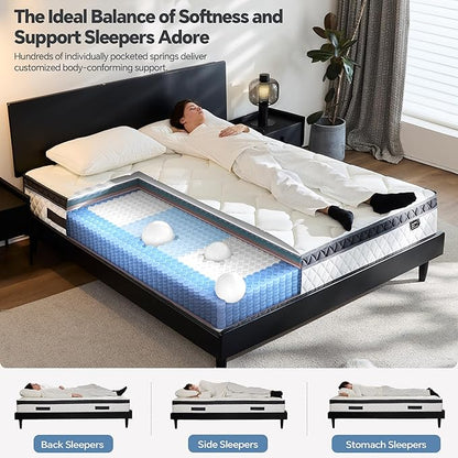 Queen Size Mattress 10 Inch, Pocket Spring & Memory Foam Hybrid Mattress with 3D Breathable Knitting Fabric