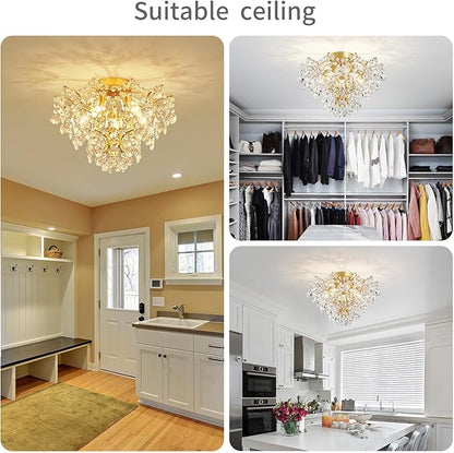 WUZUPS 5-Light Crystal Chandelier Flushmount Ceiling Light Modern Lighting Fixture for Bedroom Hallway Bar Kitchen Bathroom, H 12" W 15.4", E12 Base, Gold