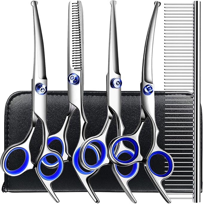 Professional 6 in1 Dog Grooming Scissors Kit, Titanium Coated Dog Scissors for Grooming, Grooming Shears Kit for Dogs Cat Pet At Home-Mewly Pet