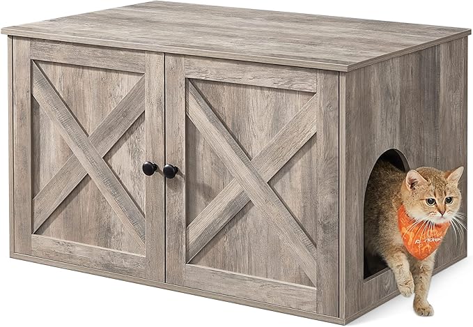 Feandrea Cat Litter Box Enclosure, Litter Box Furniture Hidden with Removable Divider, Indoor Cat House, End Table, 31.5 x 20.9 x 19.7 Inches, Greige UPCL002G01-Mewly Pet