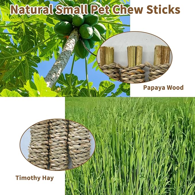 Fhiny 12 PCS Rabbit Chew Sticks, Natural Papaya Wood Seagrass Guinea Pig Chew Toys for Teeth Small Animal Molar Sticks Snacks for Bunny Guinea Pig Chinchilla Ferret Hamster Gerbil Dental Care-Mewly Pet