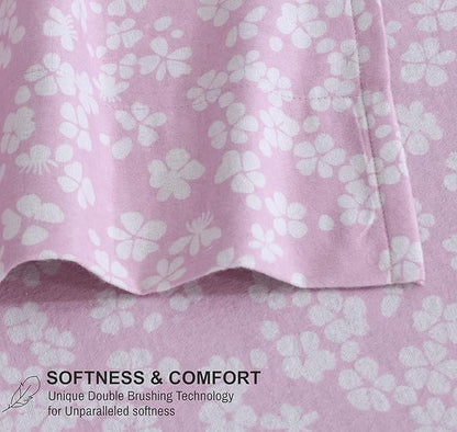 RUVANTI Flannel Sheets Twin Size - 100% Cotton Double Brushed Twin Sheets Set, Deep Pockets 16 Inches, All Seasons Breathable & Extra Soft Bed Sheets, Warm & Cozy, 3 Piece, Pink Flora