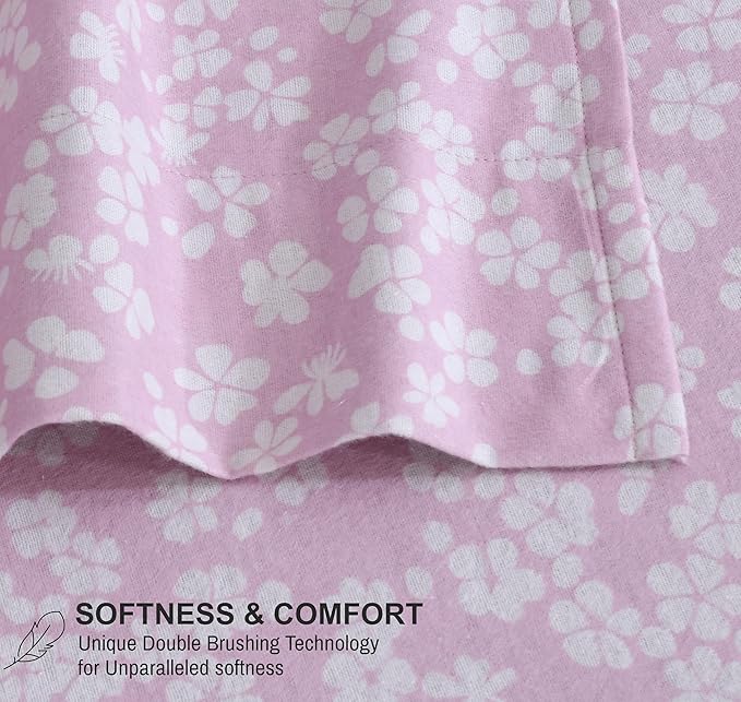 RUVANTI Flannel Sheets Queen Size - 100% Cotton Double Brushed Bed Sheets, Deep Pockets 16 Inches Queen Sheet Set, All Seasons Breathable & Extra Soft - Warm & Cozy, 4 Piece, Pink Flora