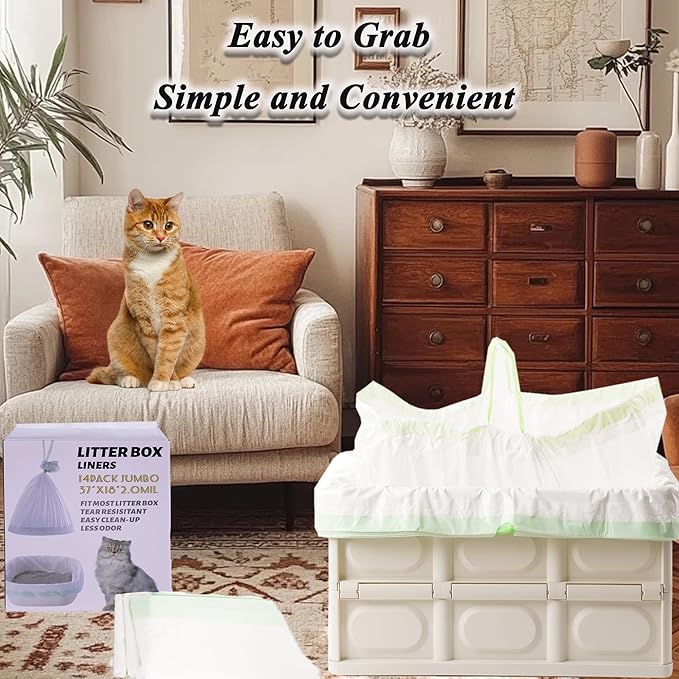 Suhaco Cat Litter Box Liners, Litter Pan Disposable Bags 2 Mil Thickened Cat Litter Liners with Drawstring Weekly 14 Large Pack Litter Bags for Easy Cleaning (L (Pack of 14))-Mewly Pet