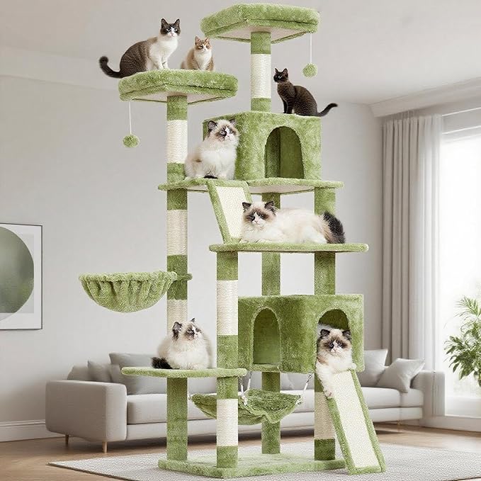Cat Tree for Indoor Cats, 71'' (180cm) Multi-Level Cat Tower for Large Adult, Sturdy Cat Tree House with 2 Scratching Boards 7 Posts, 2 Plush Perches/Condos, Hammock, Green GCT032GR-Mewly Pet