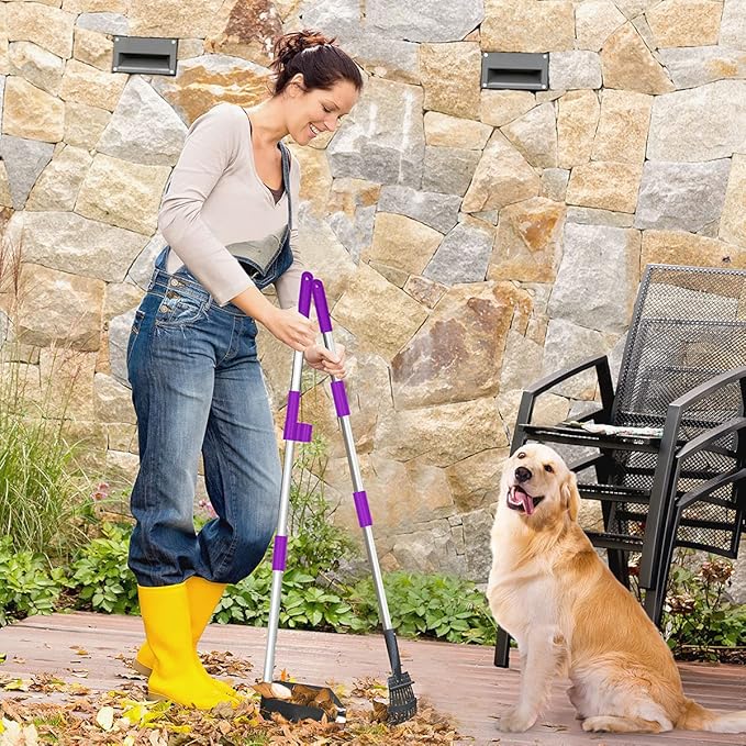 QiMH Upgraded Dog Pooper Scooper Extra Large, Adjustable Long Handle Stainless Metal Pet Poop Tray and Rake Set for Large Medium Small Dogs, Dog Waste Removal Bin Rake, Great for Grass, Street, Gravel-Mewly Pet
