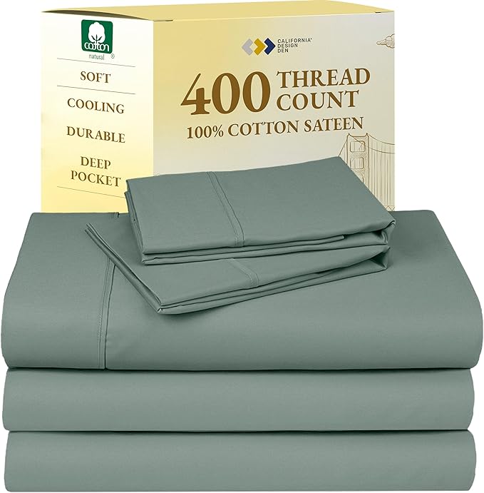 California Design Den Split King Sheets Sets for Adjustable Bed - Soft 400 Thread Count Sateen, Natural 100% Cotton Sheets with Deep Pockets, Breathable, Cooling and Durable Bedding Set - Sage Green