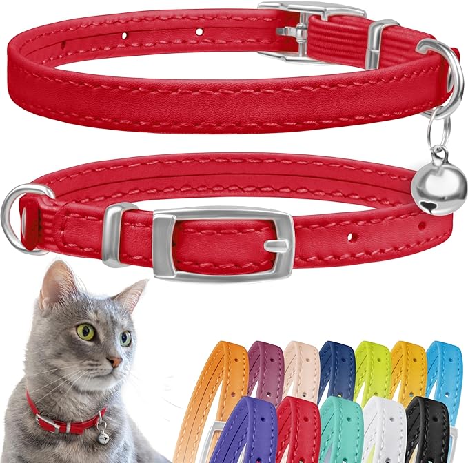 CollarDirect Leather Cat Collar with Bell - Kitten Collar, Small and Big Cat for Boy Cats, Girl Cats with Safety Elastic Strap (Neck Fit 8"-11", Red)-Mewly Pet