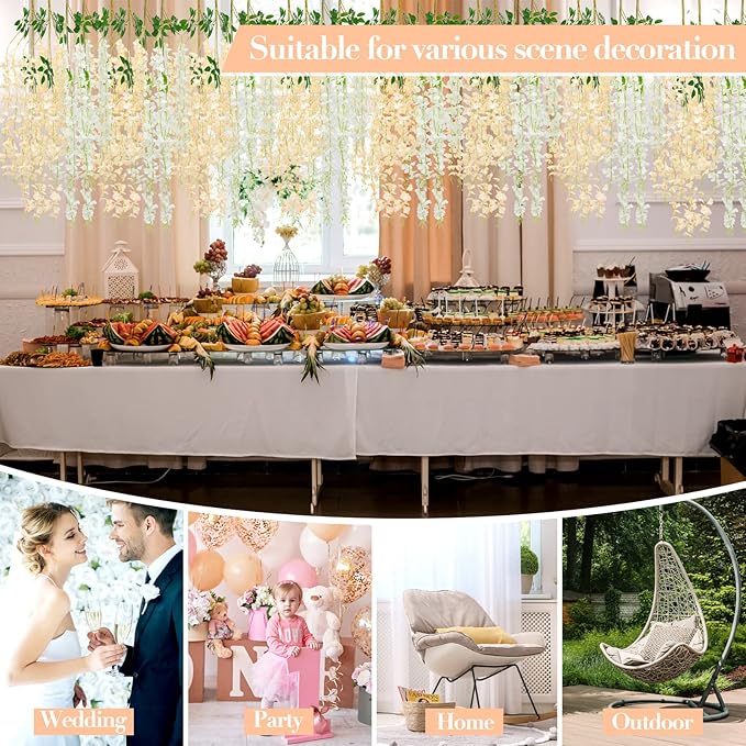 Giegxin 36 Pcs Artificial Wisteria Hanging Flowers 3.6 ft Artificial Fake Wisteria Vine Rattan Hanging Garland Silk Flowers String for Wall Home Wedding Party Greenery Decorations (Champagne,White)