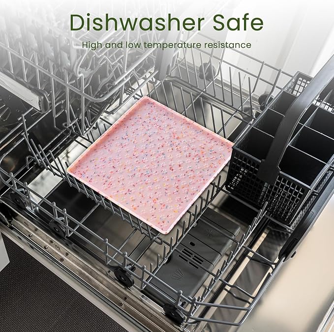 Ptlom Dog Food Mat Anti-Slip Dog Bowl Mats for Food and Water, Waterproof Pet Placemat Prevents Messy Spill to Floor, Silicone Puppy Feeding Tray for Small, Medium and Large Dogs Cats, Pink-Mewly Pet