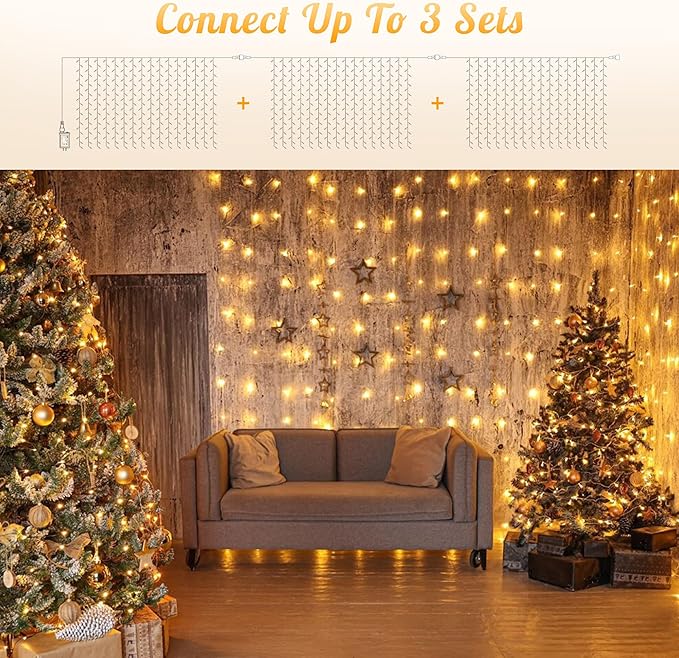 HEYFUNi 304 LED Curtain Lights Outdoor, 9.8Ft*9.8Ft Hanging String Lights Plug in with 8 Modes, Connectable Curtain Fairy Lights for Bedroom, Dorm, Christmas, Wall, Backdrop, Wedding Decor, Warm White