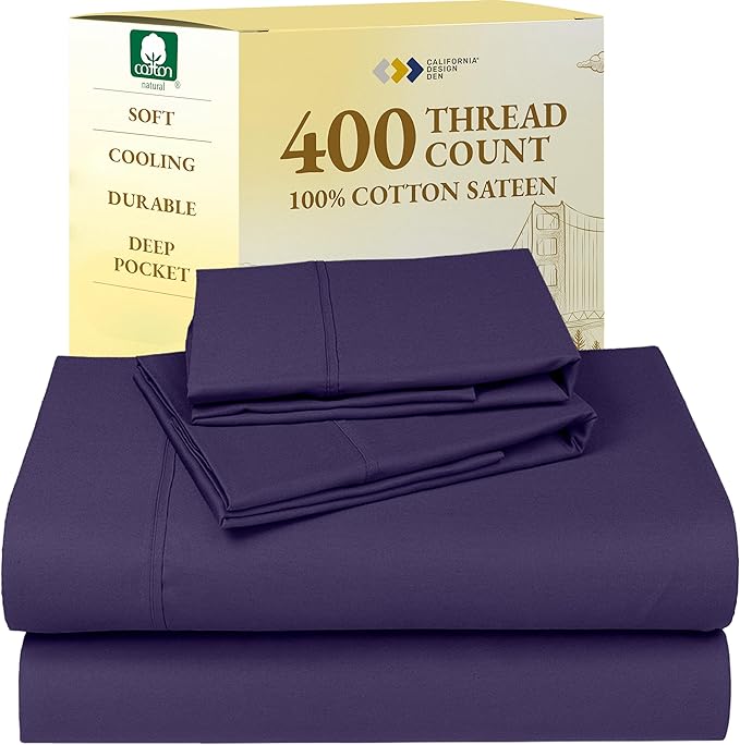 California Design Den Full Size Bed Sheets Set - Soft 400 Thread Count Sateen, Natural 100% Cotton Sheets with Deep Pockets, Breathable, Cooling and Durable Bedding Set - Purple