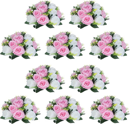 NUPTIO 10 Pieces Pink White Fake Flower Ball Arrangement Bouquet 15 Heads Plastic Roses with Base, Suitable for Wedding Centerpiece Flower Rack for Parties Home Décor