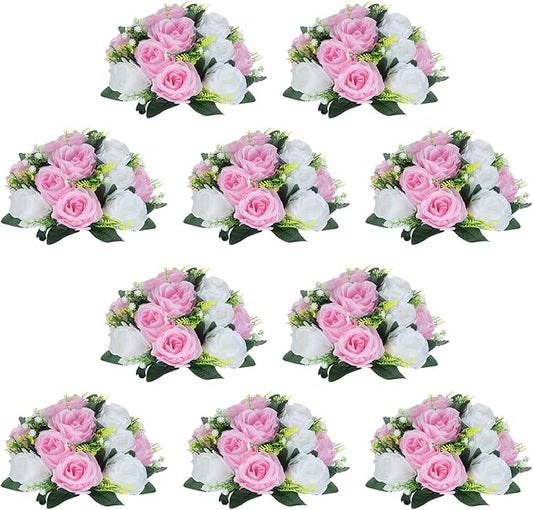 NUPTIO 10 Pieces Pink White Fake Flower Ball Arrangement Bouquet 15 Heads Plastic Roses with Base, Suitable for Wedding Centerpiece Flower Rack for Parties Home Décor