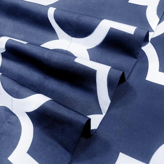 Mejoroom Queen Bed Sheet Set - Super Soft Brushed Microfiber 1800 Thread Count Queen Sheets with 16 inch Deep Pocket - Wrinkle Free - 4 Piece(Queen, Navy Quatrefoil with White Pattern)