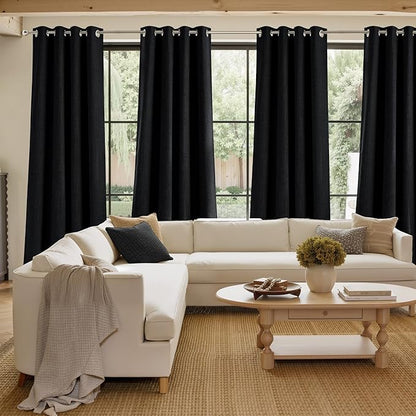 NICETOWN Faux Linen Black Blackout Curtains 84 inches Long for Living Room - Privacy Panels for Bedroom, Modern Farmhouse Style Easy Care Grommet Top, 2 Panels, W52 by L84
