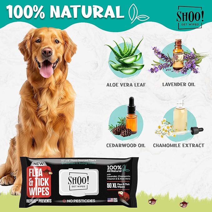 Shoo! Flea & Tick Wipes for Dogs | Convenient, Easy On-The-Go Protection | Plant Based, Natural Oils, Chemical Free | Repels & Prevents | 50 XL Wipes (2 Pack) | Original -Lavender-Mewly Pet