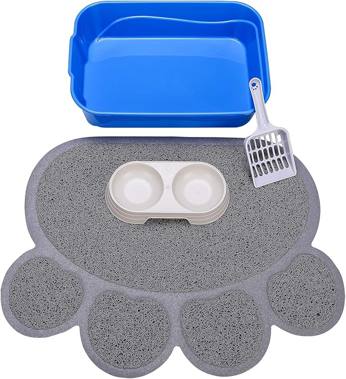 Kitty Litter Box Starter Kit - Small Cat Litter Pan Without Lid, Litter Mat, Scoop and Bowl for Kitten Within 3 Months (GreyScoop)-Mewly Pet