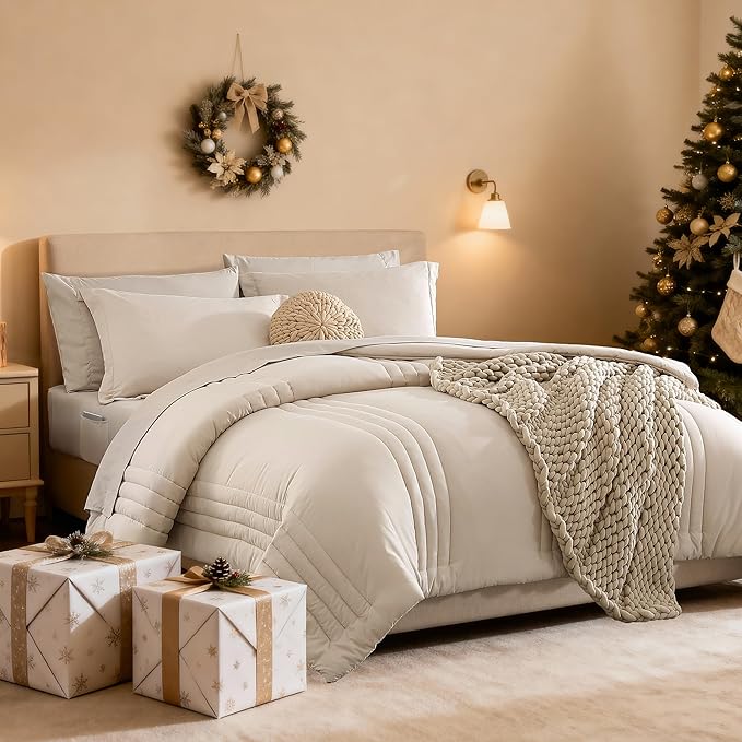 Monbix Twin XL Size Comforter Set - Extra Long 5 Pieces Dorm Bedding Sets, Quilting Design Fluffy Bed in a Bag Twin XL with Sheets, Pillowcase & Sham(Apricot Beige)