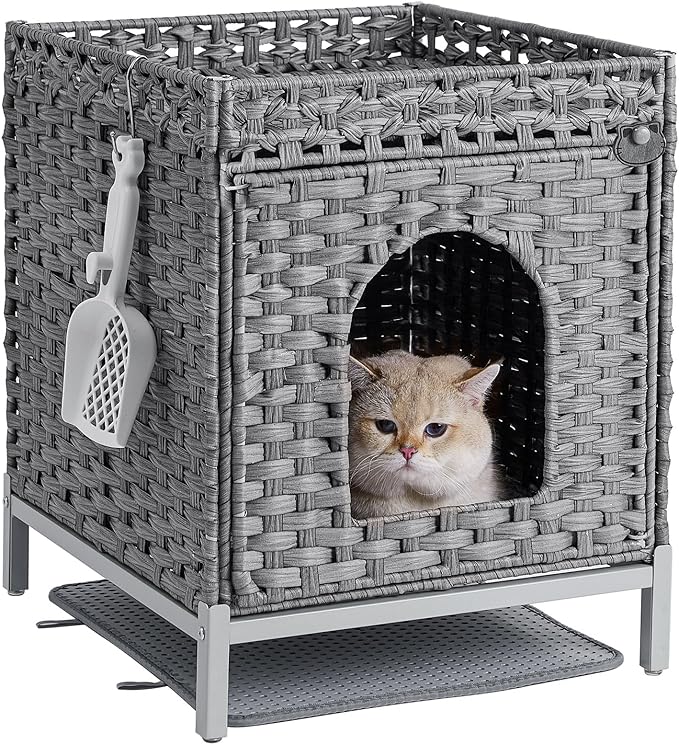 Cat Litter Box Enclosure Hidden Litter Box Furniture with Metal Heightened Feet, Rattan Handwoven Cat House with Litter Mat, Hidden Litter Box Furniture for Bedroom Living Room Gray-Mewly Pet