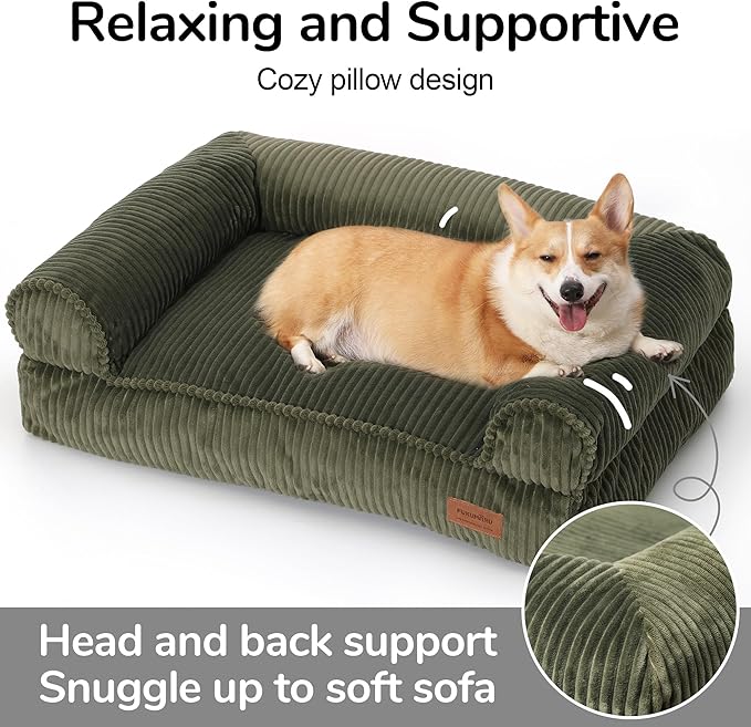 FUKUMARU Cute Dog Bed, Fluffy Dogs Couch with TPU Layer Keeping Lining Dry, Pet Sofa Medium Size Dog Easy to Care, Warm Cat Bed with Removable Zipper Cover, 36inch, Large, Green-Mewly Pet