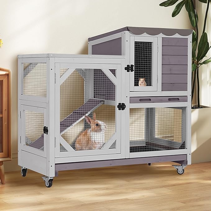 Rabbit Hutch 2-Story Wooden Bunny Cage with 2 Leak-Proof Sliding Trays, Chew-Proof Metal Mesh, Rainproof Cover, Indoor & Outdoor Guinea Pig House with Wheels - Grey-Mewly Pet
