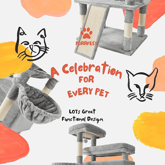 Cat Tree, 80-Inch Large Cat Tower with 9 Scratching Posts, 2 Perches, 2 Caves, 2 Basket, 2 Stairs, Extra Large Hammock, Pompoms, Multi-Level Plush Cat Condo for Indoor Cats/Light Grey-Mewly Pet