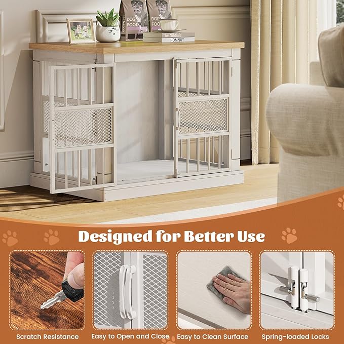 VOPEAK 27.5" Dog Crate Furniture, Chew Resistant Dog Crate for Small Dogs Puppy, Heavy Duty Dog Crates Dog Kennel Cage Indoor with Double Doors, Wooden End Table for Bedroom Living Room, White-Mewly Pet
