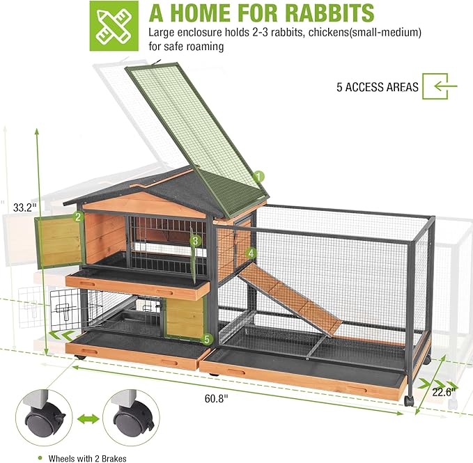 GUTINNEEN Rabbit Hutch with Chew-Resistant Metal Frame Indoor Bunny Cage Outdoor Rabbit Cage with Wheels and Leakproof Tray-Mewly Pet