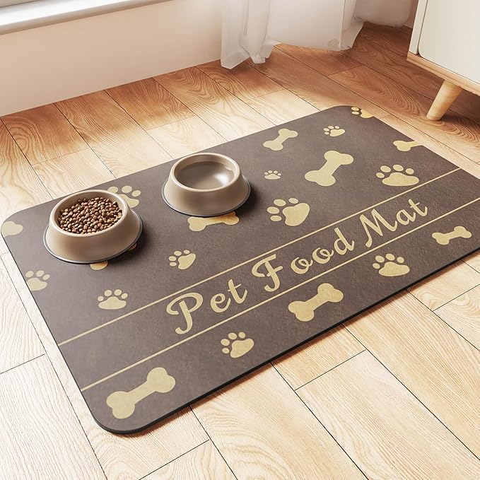 Pet Feeding Mat-Absorbent Pet Placemat for Food and Water Bowl, with Waterproof Rubber Backing, Quick Dry Water Dispenser Mat for Dog and Cat (17"x27", Brown)-Mewly Pet