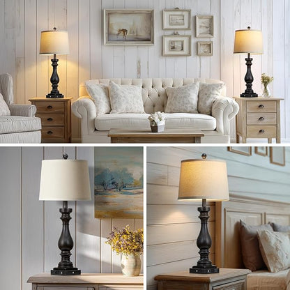 29" Tall Vintage Table Lamps Set of 2,Black Farmhouse Bedside Lamps with USB C+A Ports & AC Outlet,3-Way Dimmable Touch Lamp for Night Stands Living Room Bedroom,Black