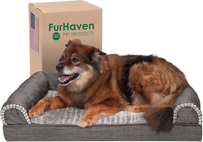Furhaven Cooling Gel Dog Bed for Large/Medium Dogs w/ Removable Bolsters & Washable Cover, For Dogs Up to 55 lbs - Luxe Faux Fur & Performance Linen Sofa - Charcoal, Large-Mewly Pet