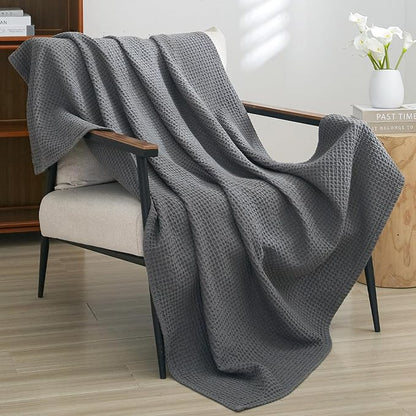 PHF Pre-Washed Cotton Waffle Weave Blanket Throw Size for Couch Bed,Snag Proof Spring Summer Lightweight Breathable,Oeko-TEX Certified,Machine Washable, Home Decor Gift，Charcoal