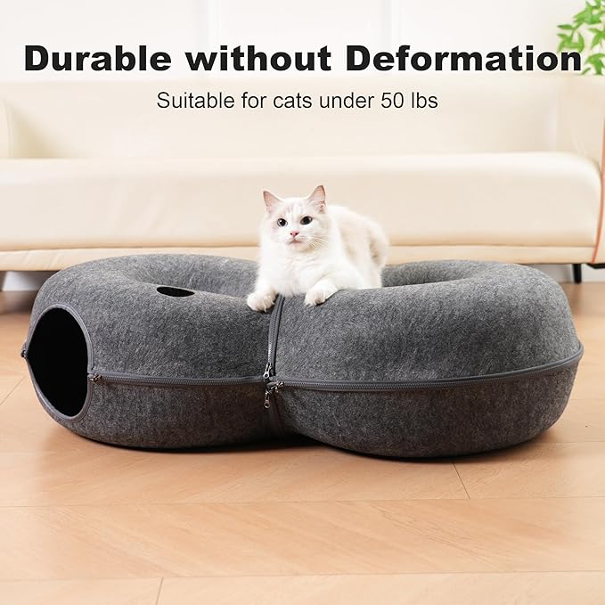 8-Shaped Large Cat Tunnel Bed for Indoor Cats, Infinite Circulation Peekaboo Cat Cave with 12 Toy Balls, Cat Donut Tunnel for Cats up to 30 Pounds (Dark Grey, L 38x24x11in)-Mewly Pet