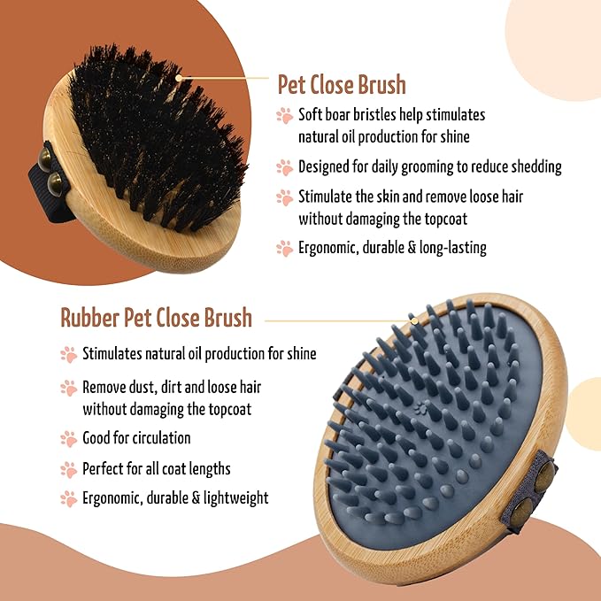 The Buddy System Pet Close Brush, Soft Touch Oval Palm Brush - Bamboo Massage Handheld with Soft Boar Bristles and Elastic Band for Dogs and Cats (2-pack, 1 Brush + 1 Rubber)-Mewly Pet