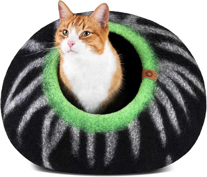 MEOWFIA Cat Cave – Premium Felt Cat Bed for Indoor Cats, Handmade 100% Merino Wool (Medium, Shining Tiger)-Mewly Pet