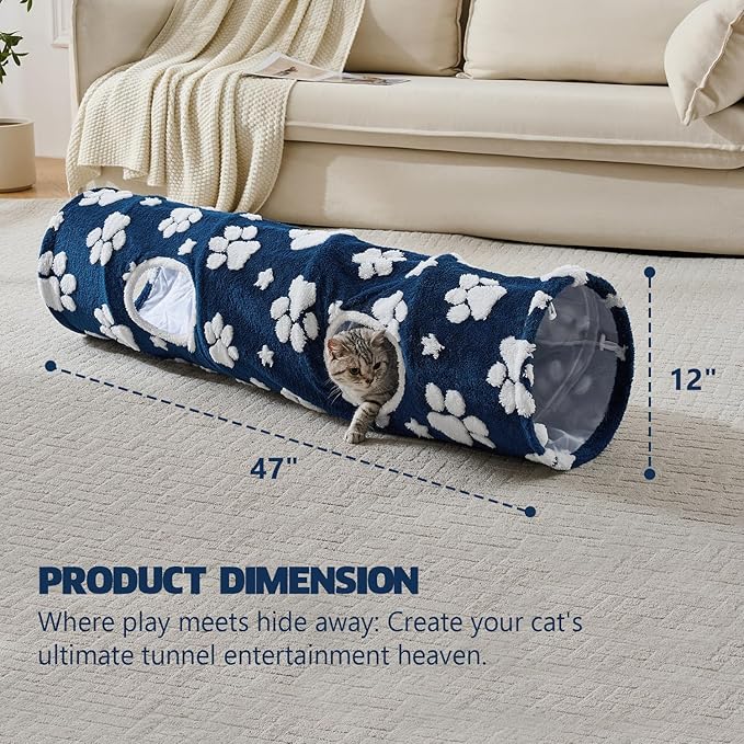 Straight Cat Tunnel for Indoor Cats 47"x12", Cute Cat Toys Collapsible Tunnel Tube with Balls for Puppy Kitten Rabbit, Blue Paw-Mewly Pet