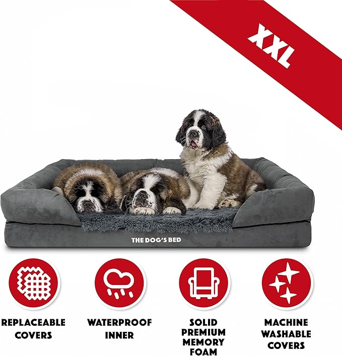 The Dog’s Bed, XXL Grey Fur Memory Foam, Pain Relief: Arthritis, Hip & Elbow Dysplasia, Post Surgery, Lameness, Supportive, Calming, Waterproof, Washable Cover, Veterinary Approved-Mewly Pet