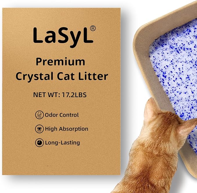 LaSyL Premium Crystal Cat Litter - 17.2 lb, Four Months Lasting - Superior Odor Control & Absorption, Non-Clumping, Low Tracking Silica Gel Safe for Pet, White & Blue (4 Bags of 4.3 lb)-Mewly Pet