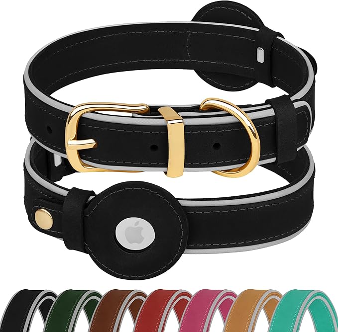 OOPSDOGGY Reflective Geniune Leather Airtag Dog Collar Soft Padded Collars for Small Medium Large Breed Dogs Puppy, 4 Sizes, 7 Colors (Black, Large, 15"-19")-Mewly Pet