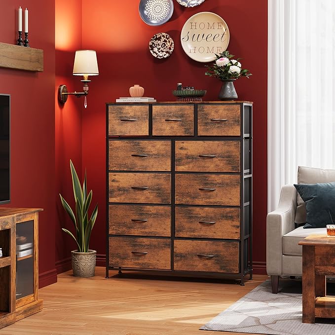 WLIVE Storage Organizer Unit with 11 Fabric Bins, Storage Drawers Organizer with Steel Frame, Tall Storage Tower Organizaton for Living Room, Hallway, Office, Rustic Brown