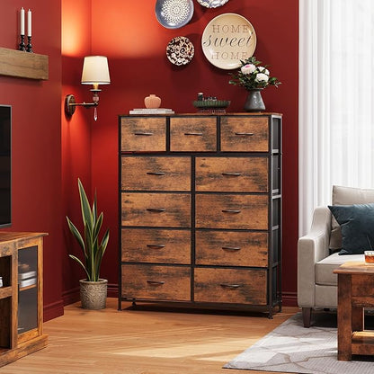 WLIVE Storage Organizer Unit with 11 Fabric Bins, Storage Drawers Organizer with Steel Frame, Tall Storage Tower Organizaton for Living Room, Hallway, Office, Rustic Brown