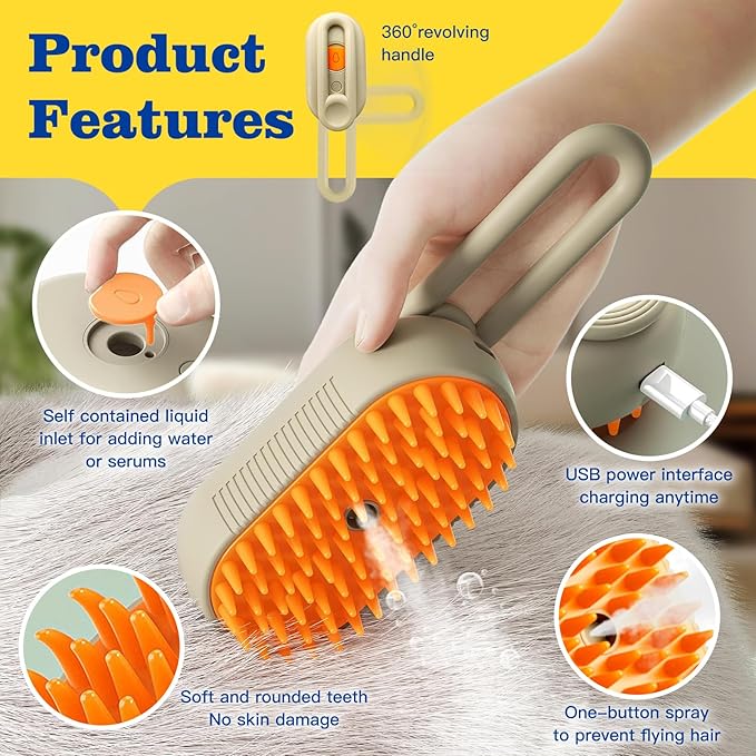 Cat Steam Brush for Shedding with Foldable Handle 4 in 1 Rechargeable Steam Brush for Cats and Dogs,Haired Pets Spritz Defur Comb for Cats Pet Spray Grooming Tool for Hair Removal & Massage-Mewly Pet