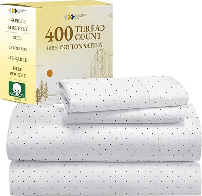 California Design Den Printed King Size Sheets Set - Luxury 400 Thread Count Sateen, Natural 100% Cotton Sheets, Deep Pockets, Cooling and Durable Bedding Set - Polka Dot